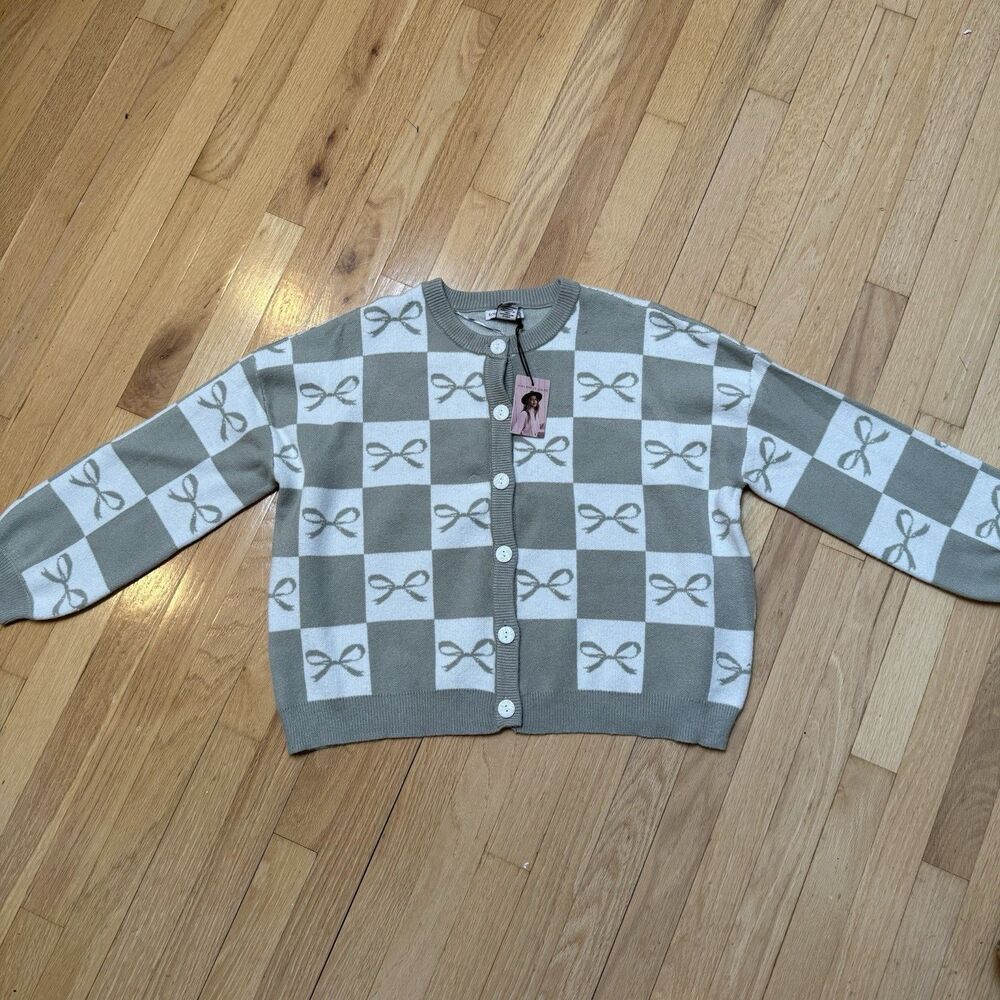 Sincerely Jules Checkered Print Knit Cardigan Women's Size Med Green White NWT